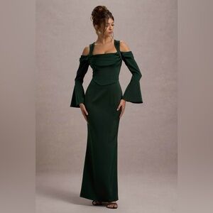 Club L HEARTTHROB Black Satin Draped Bardot Maxi Dress Size US 4